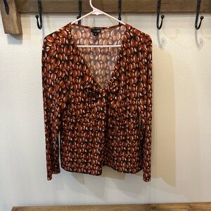 Brown Leaf Print V-Neck Long Sleeve Top